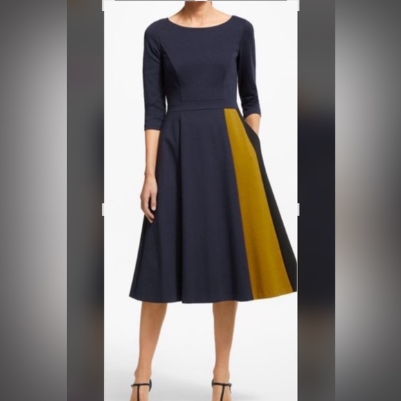Boden Navy Mustard & Black Color Block Claudia Point Knit Fit & Flare Dress 8 - Picture 1 of 11